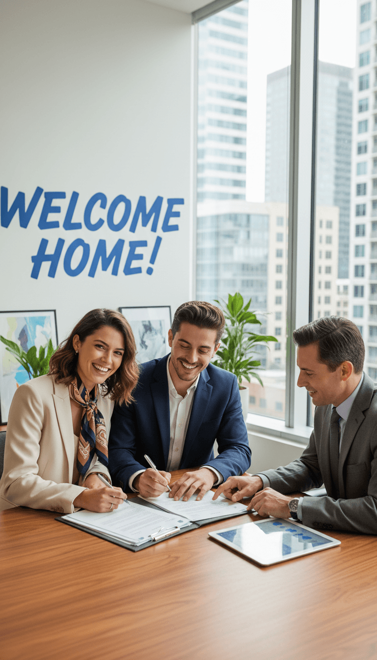 First-time buyers reviewing paperwork with their realtor