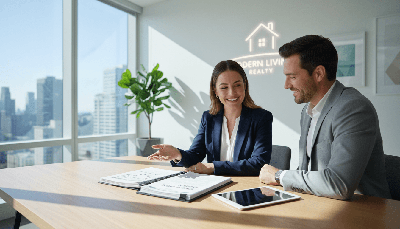 Larry Medina working with satisfied client in professional real estate office setting