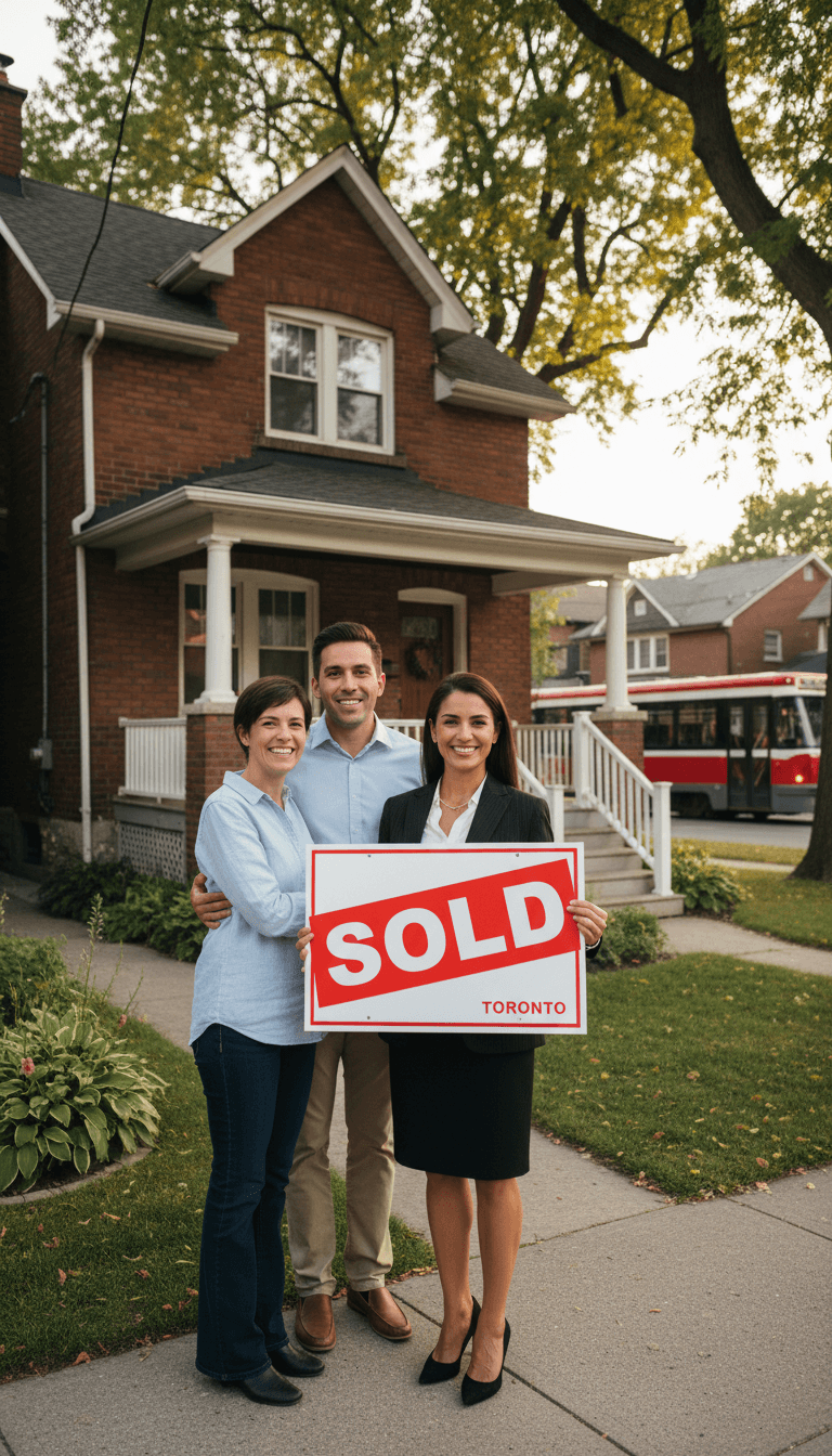 Sold property sign with happy clients after successful closing