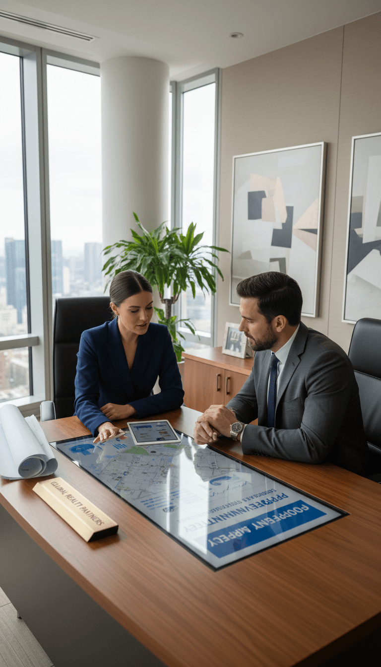 Larry Medina consulting with client in professional real estate office