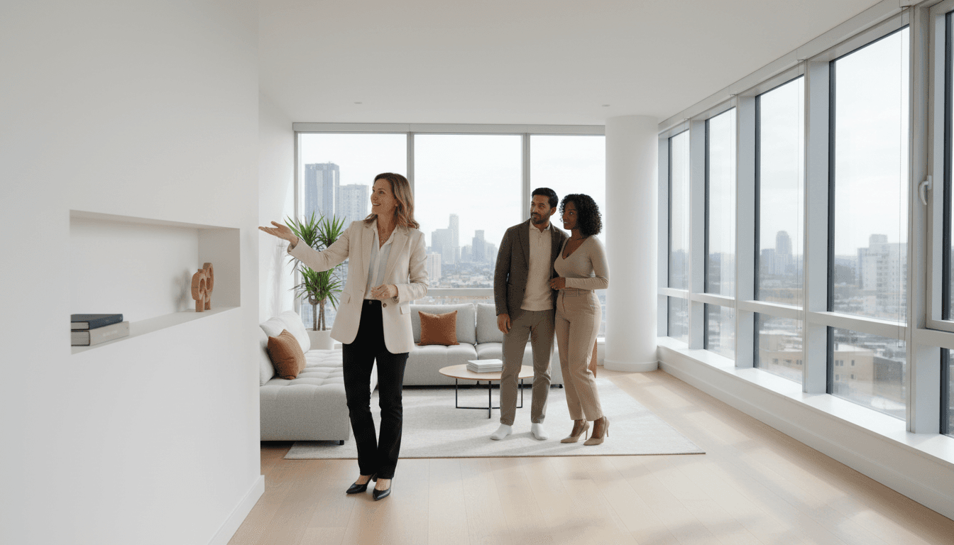 Real estate agent presenting a residential property to buyers in Toronto