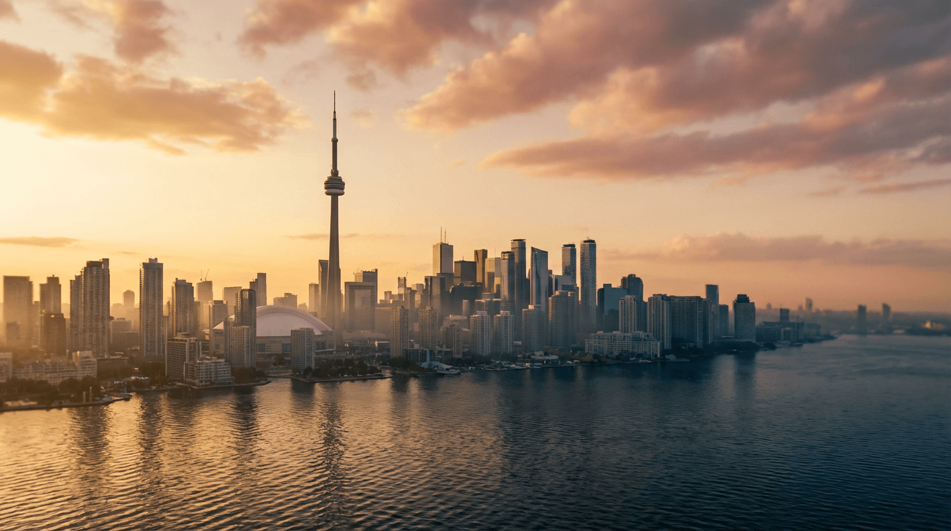 Toronto residential neighborhood with modern homes and blue sky at sunset