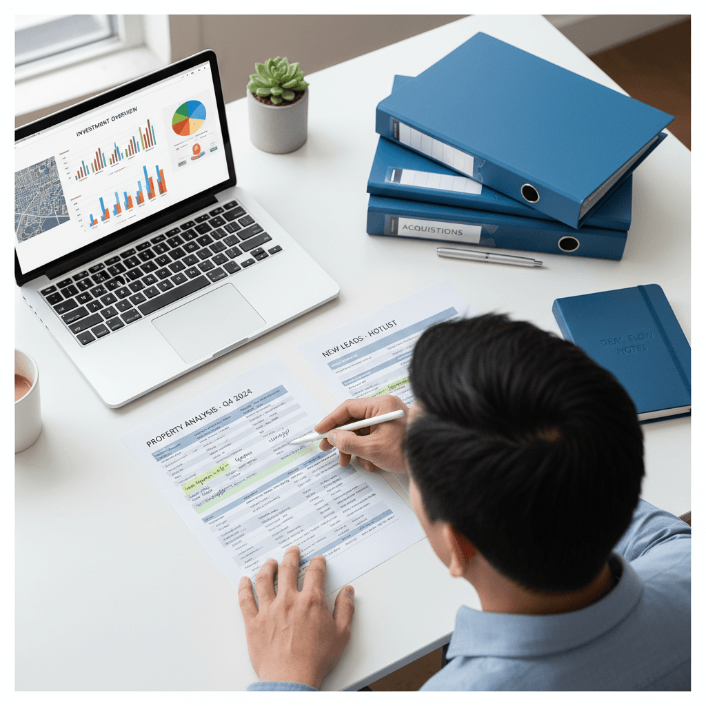 Real estate professional reviewing investment property analysis and market data