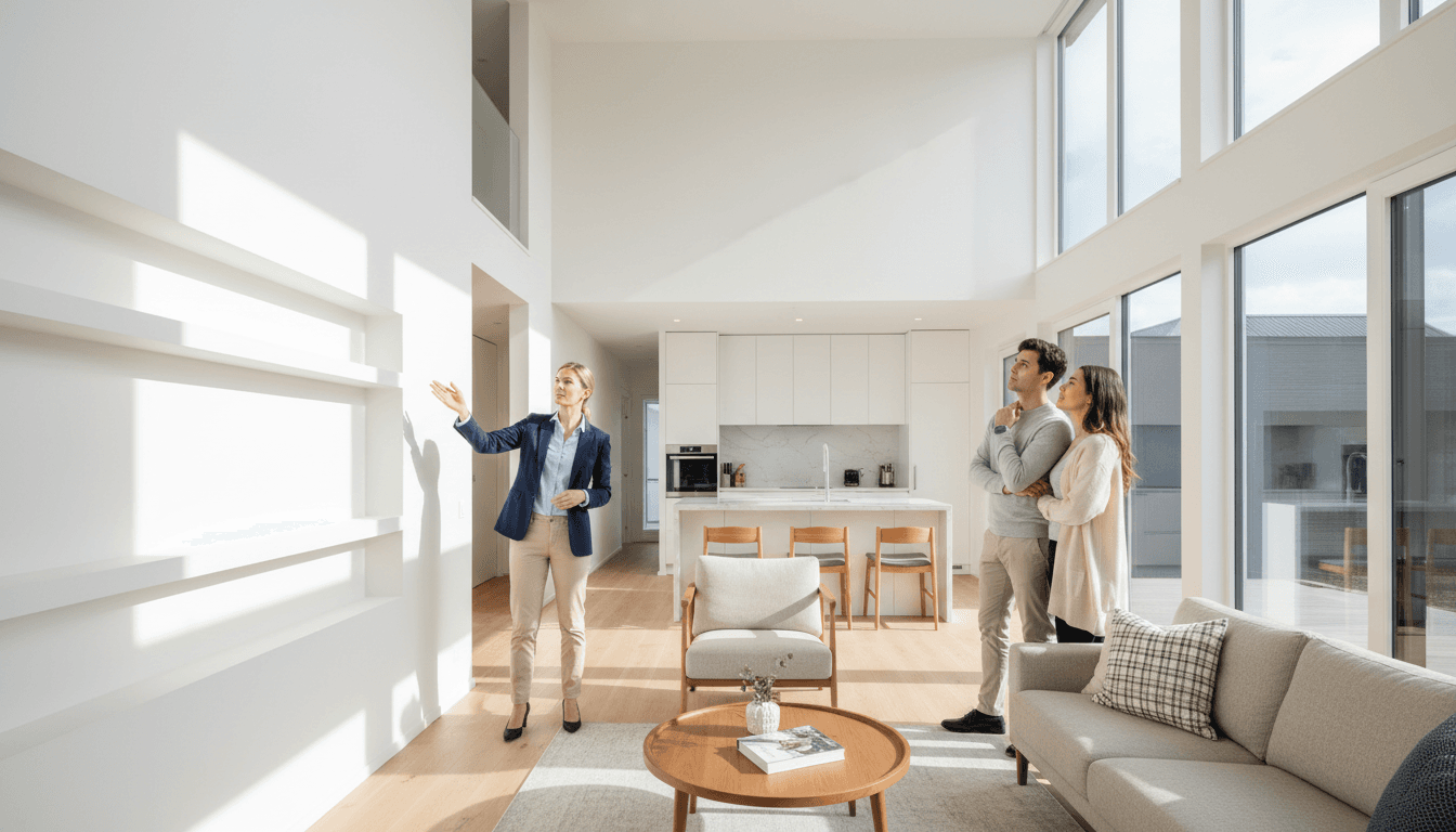 Real estate agent consulting with first-time home buyers inside a residential property